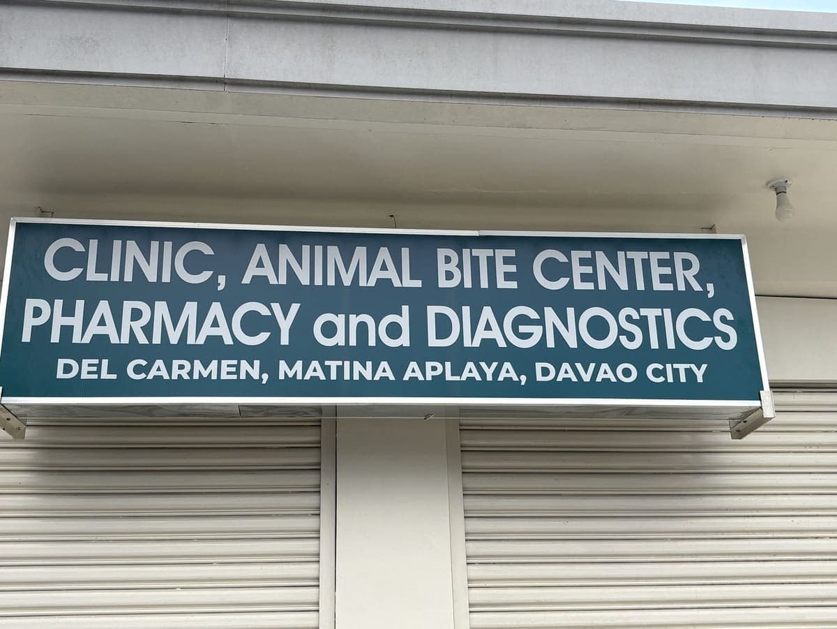 The clinic's sign: Clinic, Animal Bite Center, Pharmacy and Diagnostics — Del Carmen, Matina Aplaya, Davao City